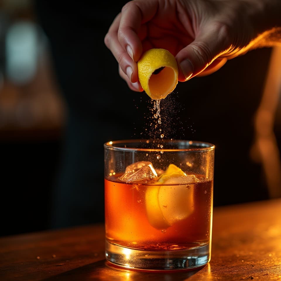 Zitronenzeste wird ueber einem Cocktail gedreht