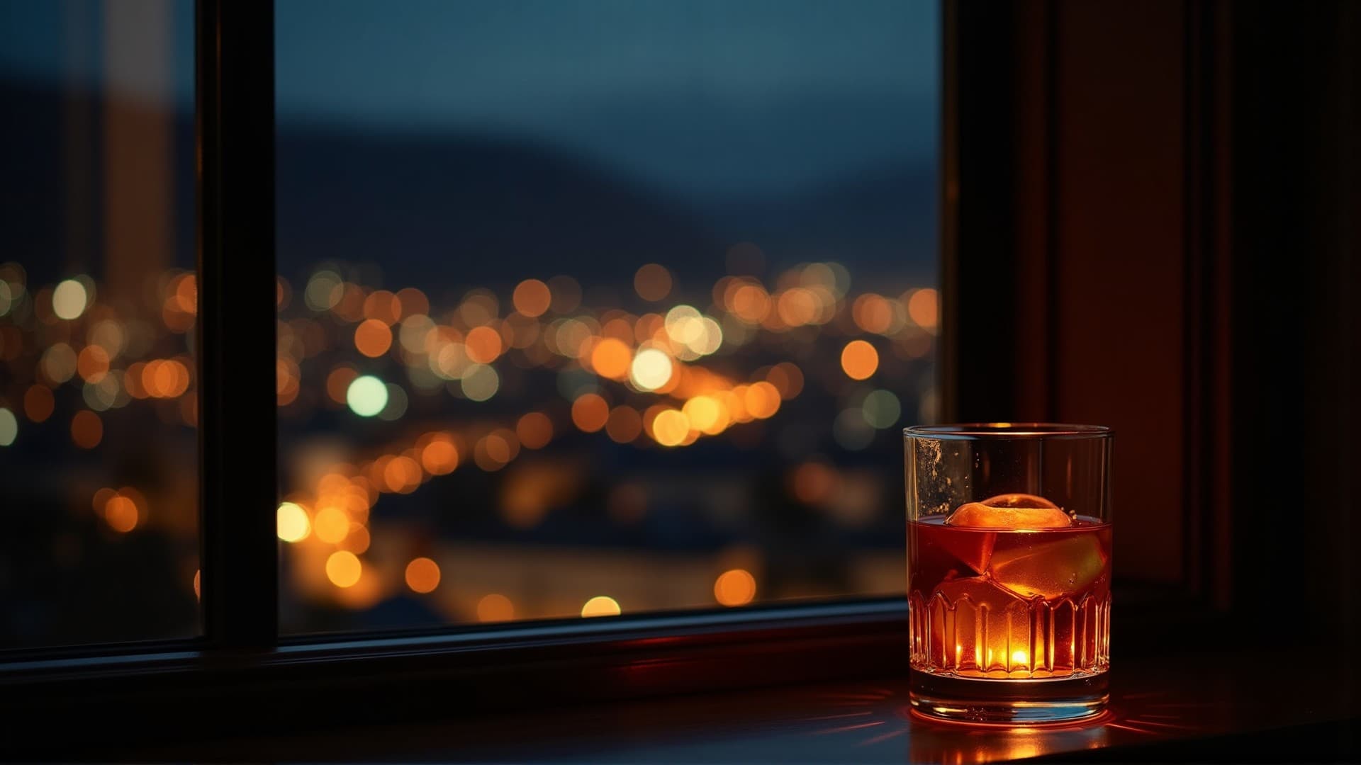 Blick aus einer Bar ueber die Lichter des Stuttgarter Kessels bei Nacht