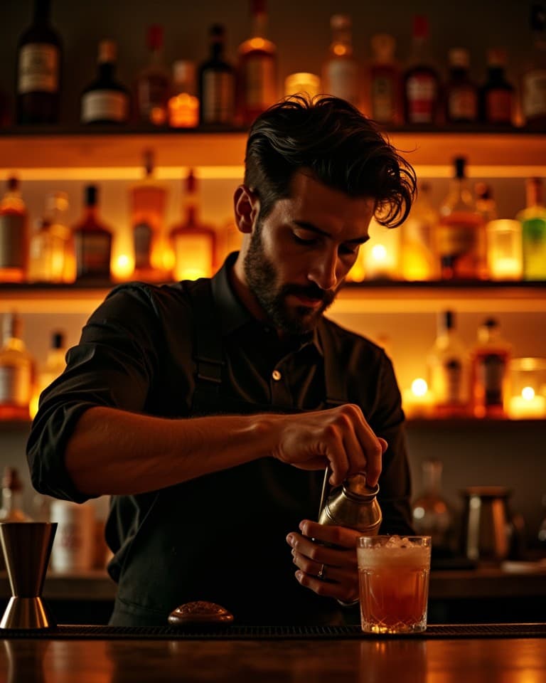 Barkeeper mixt einen Cocktail hinter dem Kupfertresen