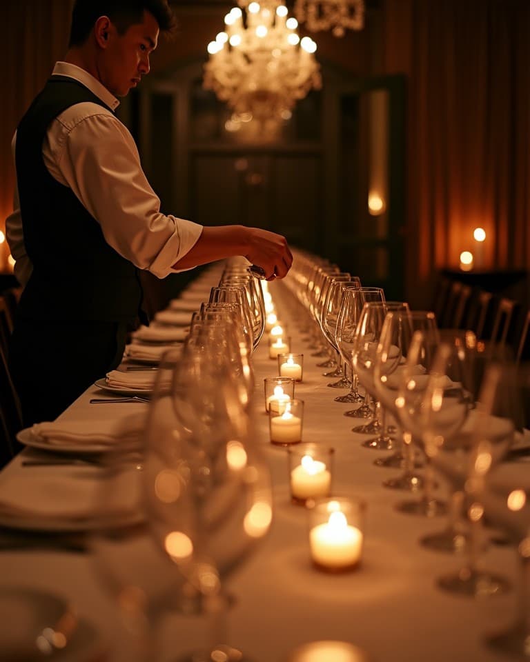 Bankettservice deckt eine lange Tafel ein
