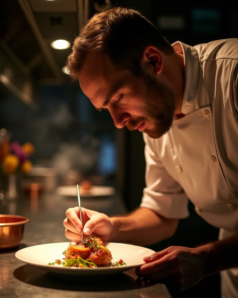 Koechin am Pass in einer Restaurantkueche bei warmem Licht